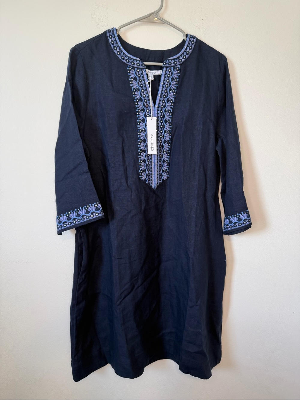Chico's Embellished Beaded 100% Linen Classic Navy Dress SZ 2/Large